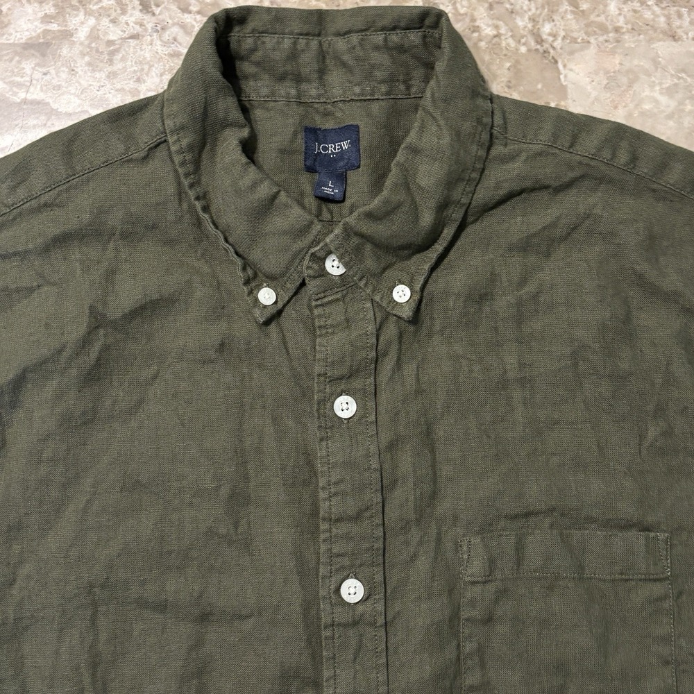 J Crew Shirt Mens Large Green Short Sleeve Button Linen Cotton Blend Beach
